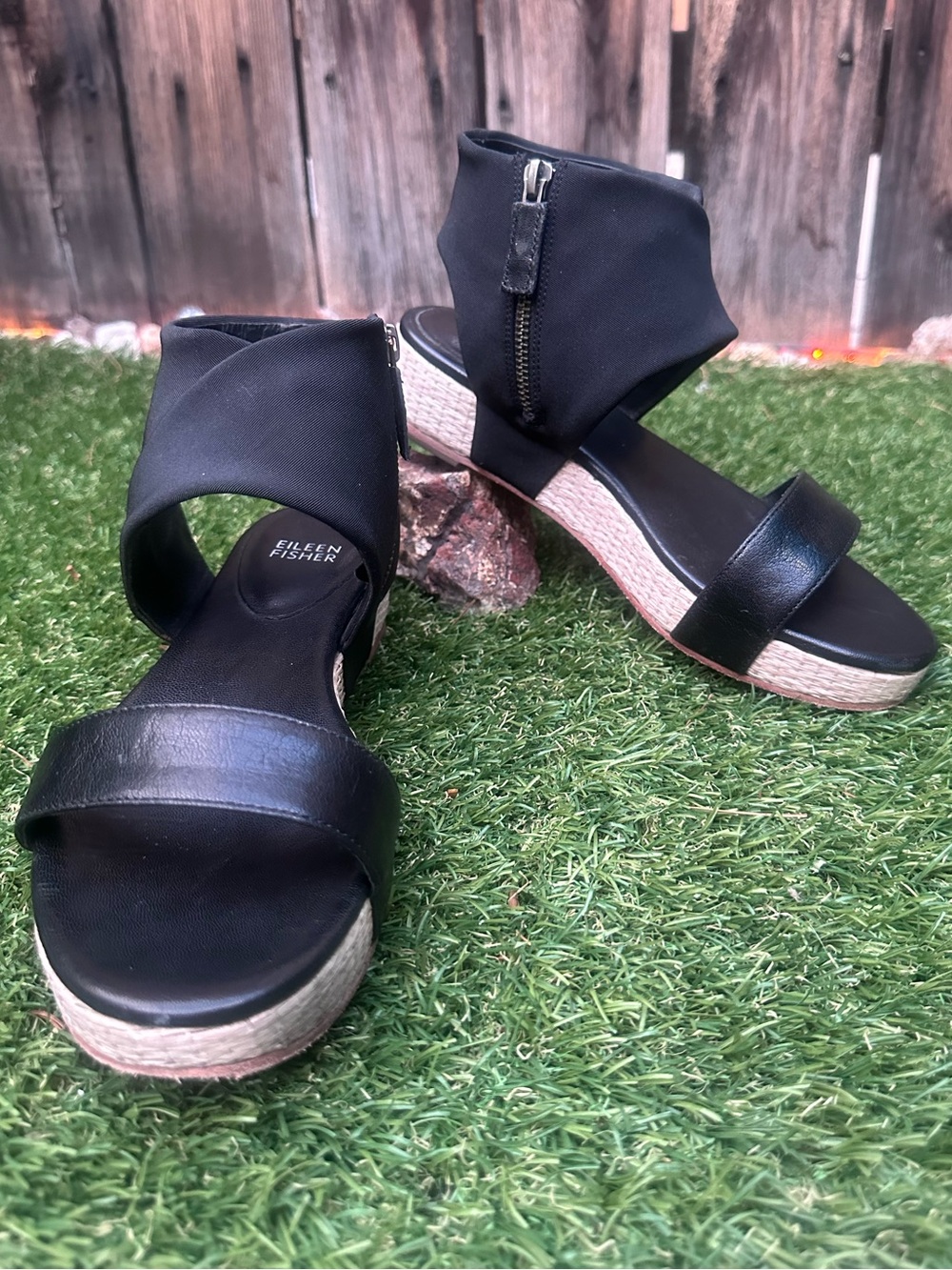 Eileen Fisher Black Leather Wedge Sandals with Ankle Wrap